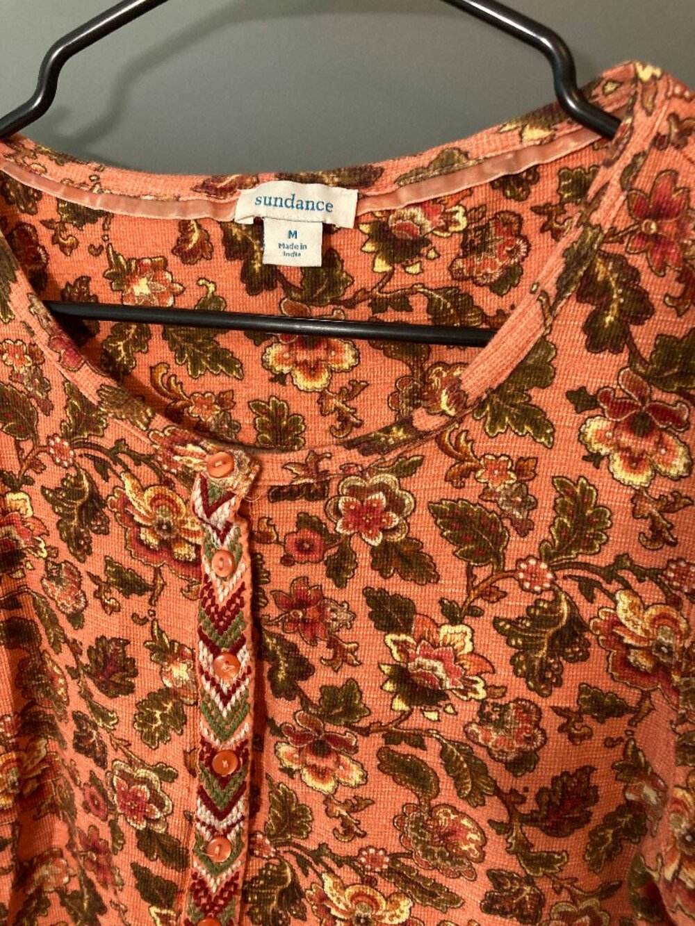 Sundance Floral Waffle Knit Top Embroidered Henley Orange - Medium (runs small?) - Picture 2 of 10